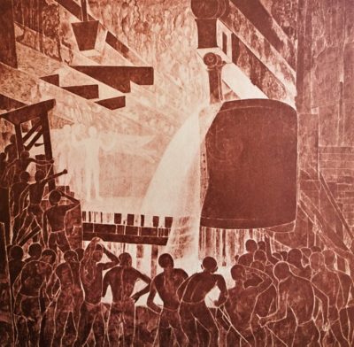 A stylised portrayal of work in a foundry by F. Casorati