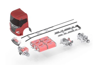 Explosion graphic of the electric chassis for trucks developed by EDAG