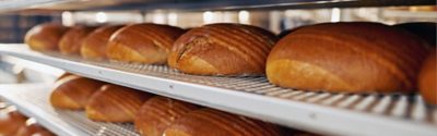 A lot of bread prepare to move on in the shelf. Bread bakery food factory production with fresh products. Automated production of bakery products.