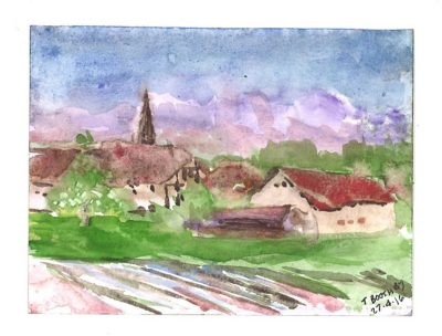 Klostergut Paradies, watercolor painting by Thomas Boothby, April 27, 2016