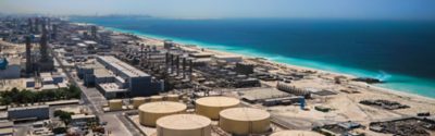 Dubai. In the summer of 2016. Modern desalination plant on the shores of the Arabian Gulf.