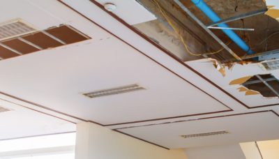 repair leak water pipe in under gypsum ceiling interior office building and bucket water