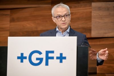 Beat Roemer, Leiter Konzerkommunikation, an der Analysten- und Medienkonferenz von GF am Mittwoch, 26. Februar 2025 im Metropol in Zürich.