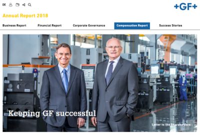 Cover image from the 2018 annual report, showing two senior leadership team members standing in a production facility
