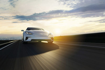 view from side of fast moving car, motion blur,  3D...