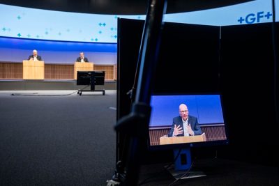 CEO Andreas Mueller spricht an der Bilanzmedienkonferenz der Georg Fischer AG am Mittwoch, 3. Maerz 2021, in Zuerich. (KEYSTONE/Alexandra Wey)

