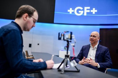 CEO Andreas Mueller an der Bilanzmedienkonferenz der Georg Fischer GF, am Mittwoch, 01. Maerz 2023, in Zuerich. (Georg Fischer/ Keystone / Melanie Duchene)