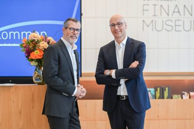 CEO Andreas Mueller und CFO Mads Joergensen, Brille, an der Bilanzmedienkonferenz der Georg Fischer GF, am Mittwoch, 01. Maerz 2023, in Zuerich. (Georg Fischer/ Keystone / Melanie Duchene)