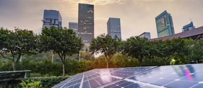 Landscape of buildings and solar panels