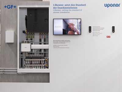 German Innovation Award-winning concept: Re-engineering the electrical shower mixer unit into the Uponor Combi Port flat station, the I-Shower installation is limited to only one pipe per shower outlet. The powerful combination results in energy-saving and hygienic decentralized hot water supply with the shower comfort of electronic mixers. Source: GF Building Flow Solutions