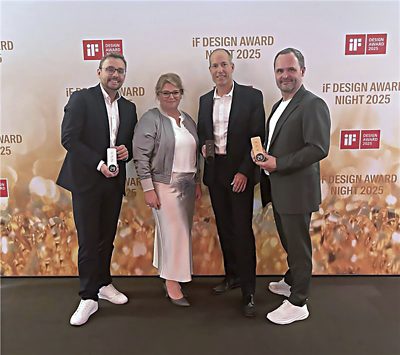 David Mainka, Senior Director Heating and Cooling Solutions Development, GF Building Flow Solutions, Beatrix Pfundstein, Manager Global PR & Communications, Torsten Meier, Chief Innovation Officer, GF Building Flow Solutions, and Pekka Kumpula, Managing Director/Owner at Seos Design, (from left to right) proud to receive the iF Design Award 2025 for the Uponor I-Shower Digital Controller. Copyright: GF Building Flow Solutions