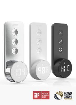 The individual shower experience is regulated through a digital controller unit, combining iF Design Award-winning design with great accessibility, where the product clearly conveys functionality, even for users familiar with traditional shower controllers. Source: GF Building Flow Solutions
