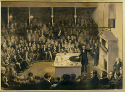 Fischer's friend Michael Faraday giving a lecture at the Royal Institution (coloured lithograph after Alexander Blaikley, 1856).