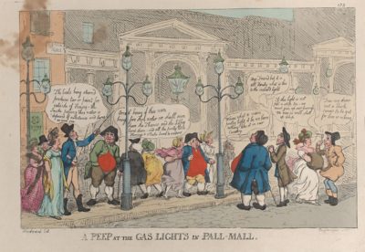 Pall Mall’s original gas lighting, which Fischer observed in person (hand coloured engraving by Thomas Rowlandson, 1809).