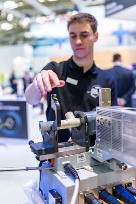 At the trade fair in Frankfurt,  visitors can experience the  newly launched IR-63 M  welding machine. It combines  the reliable IR fusion method  with the latest cutting-edge  technology for greater  precision and efficiency. Source: GF Piping Systems
