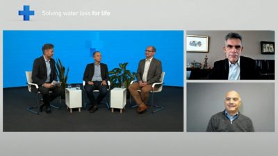 Andrew Walker (left) discussing with Dr. Christoph Lüthi (middle) and Olivier Narbey (right) and the virtual panel participants Rodrigo Riquelme und Stuart Hamilton.