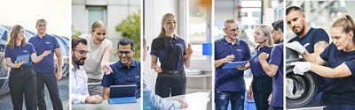 A collage shows multiple scenes of professionals collaborating in different work environments at GF..